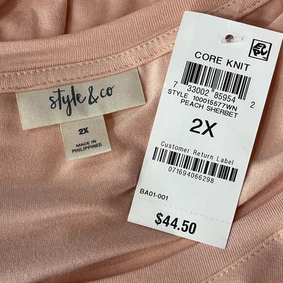 Style & Co 2X-Large Knit Top Short Sleeve Scoop Neck Stretch Knotted Front Peach - Picture 6 of 8